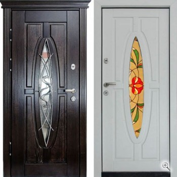 Металлическая парадная дверь из массива дуба со стеклом, ковкой и витражом - купить от производителя Мосдвери Металлическая парадная дверь из массива дуба со стеклом, ковкой и витражом